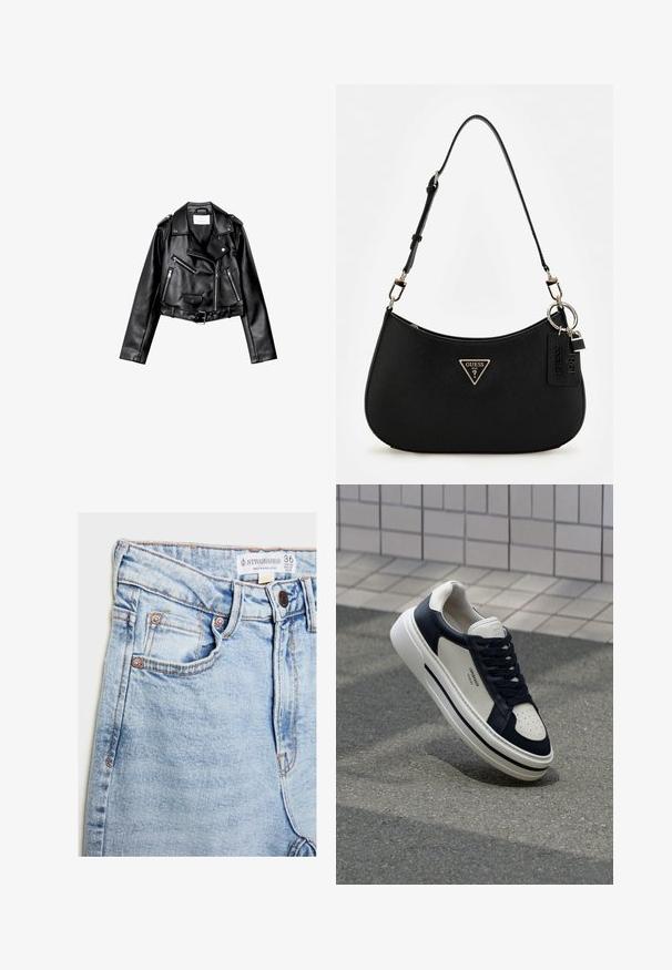 Černá zkrácená kožená motorkářská bunda s asymetrickým předním zipem, patentkami a čtyřmi zipy. Obsahuje nastavitelné pásmo v pase.; Bílý žebrovaný top na ramínka se kulatým výstřihem, bez rukávů a zkrácenou délkou. Název značky je "JJXX." Hladká struktura látky.; Světle modré džíny z denimu s vysokým pasem, pěti kapsami, hardwarem v měděném tónu a jemným vyblednutím, s etiketou na pásku.; Bílé a námořnické kožené tenisky s perforovanou špičkou, šněrováním a texturovanou gumovou podrážkou, s logem na boku.; Černá syntetická taška přes rameno s zakřivenou siluetou, strukturovaným povrchem, zlatým trojúhelníkovým logem a odnímatelnými kovovými akcenty.
