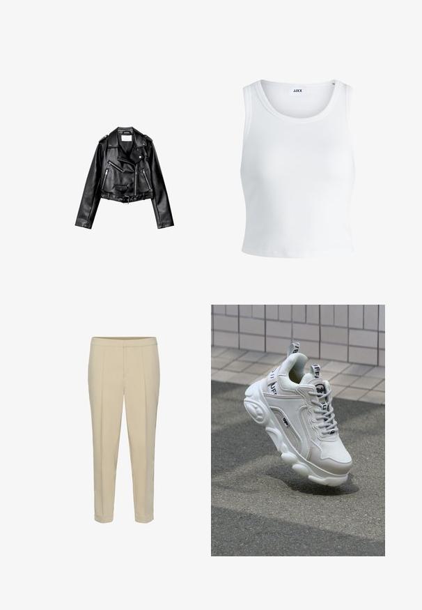 Schwarze, kurze Leder-Bikerjacke mit asymmetrischem Frontreißverschluss, Druckknöpfen und vier Reißverschlüssen. Mit einem verstellbaren Gürtel in der Taille.; Weißes, geripptes Tanktop mit rundem Halsausschnitt, ärmellosem Design und kurzer Länge. Das Etikett trägt die Aufschrift "JJXX". Glatte Stoffstruktur.; Beige maßgeschneiderte Hosen mit geradem Bein, Frontfalten und umgeschlagenem Saum. Glatte Textur ohne sichtbare Beschläge oder Muster.; Weißer Sneaker aus Mesh- und Ledermaterialien, mit rundem Zehenbereich, dicker Sohle, auffälligen Schnürsenkeln sowie Branding an der Ferse und der Zunge.