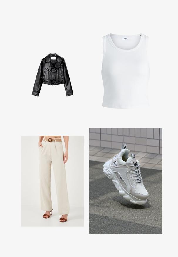 Črna usnjena motoristična jakna s krojem do pasu, z asimetričnim sprednjim zadrgo, sponkami in štirimi zadrgami. Ima nastavljiv pas na v pasu.; Bela rebrasta majica brez rokavov z okroglim izrezom in krajšo dolžino. Oznaka navaja "JJXX." Gladka tekstura tkanine.; LELA REGULAR FIT - Hlače - beige; Bela superga z mrežastim in usnjenim materialom, zaobljenim nosom, debelim podplatom, opaznimi vezalkami ter blagovno znamko na peti in jeziku.
