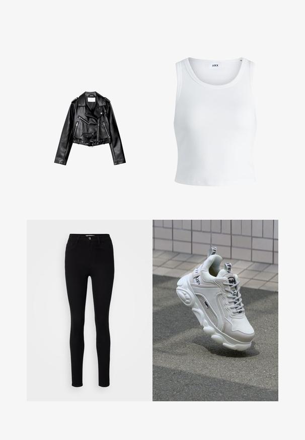 Mustat lyhythihaiset nahkatakit, joissa on epäsymmetrinen etuvetoketju, napit ja neljä vetoketjua. Varustettu säädettävällä vyöllä vyötäröllä.; Valkoinen ribbattu hihaton toppi, jossa on pyöreä pääntie ja lyhyt malli. Tunnuslukuna lukee "JJXX". Sujuva kangas.; Mustat korkeat skinny-farkut, valmistettu denimiestä. Includes five pockets and a front metal button closure. Sujuva rakenne, jossa on tiukka muoto.; Valkoiset tennarit, joissa on verkko- ja nahkamateriaaleja, pyöreä kärki, paksu pohja, erottuvat nauhat sekä brändäys kantapäässä ja kielessä.
