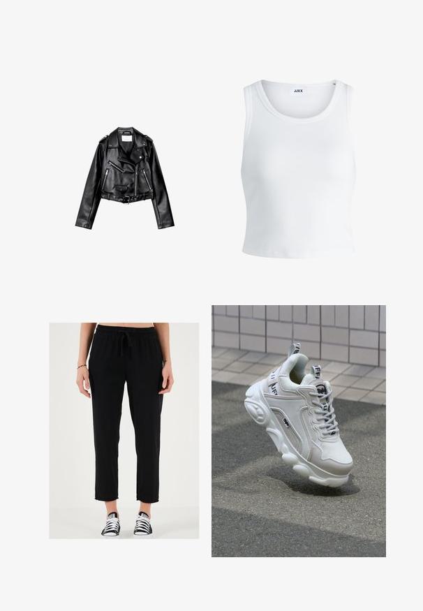 Črna usnjena motoristična jakna s krojem do pasu, z asimetričnim sprednjim zadrgo, sponkami in štirimi zadrgami. Ima nastavljiv pas na v pasu.; Bela rebrasta majica brez rokavov z okroglim izrezom in krajšo dolžino. Oznaka navaja "JJXX." Gladka tekstura tkanine.; Črne športne hlače z elastičnim pasom in vrvico, s krojeno dolžino in sproščenim prileganjem, v kombinaciji z črnimi in belimi supergami.; Bela superga z mrežastim in usnjenim materialom, zaobljenim nosom, debelim podplatom, opaznimi vezalkami ter blagovno znamko na peti in jeziku.