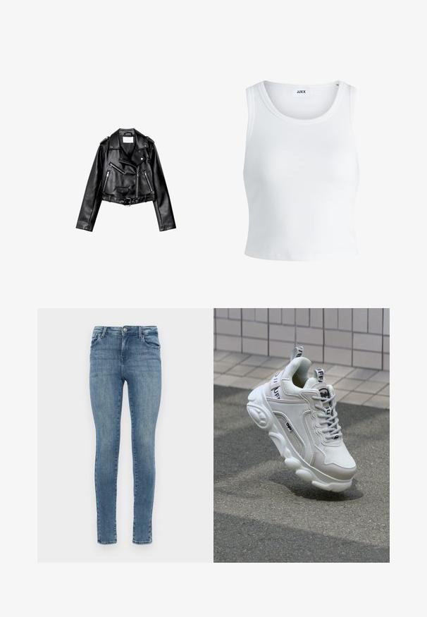 Črna usnjena motoristična jakna s krojem do pasu, z asimetričnim sprednjim zadrgo, sponkami in štirimi zadrgami. Ima nastavljiv pas na v pasu.; Bela rebrasta majica brez rokavov z okroglim izrezom in krajšo dolžino. Oznaka navaja "JJXX." Gladka tekstura tkanine.; ONLY ONLPOWER PUSH UP SKINNY - Oprijete (skinny) kavbojke - special blue grey denim; Bela superga z mrežastim in usnjenim materialom, zaobljenim nosom, debelim podplatom, opaznimi vezalkami ter blagovno znamko na peti in jeziku.