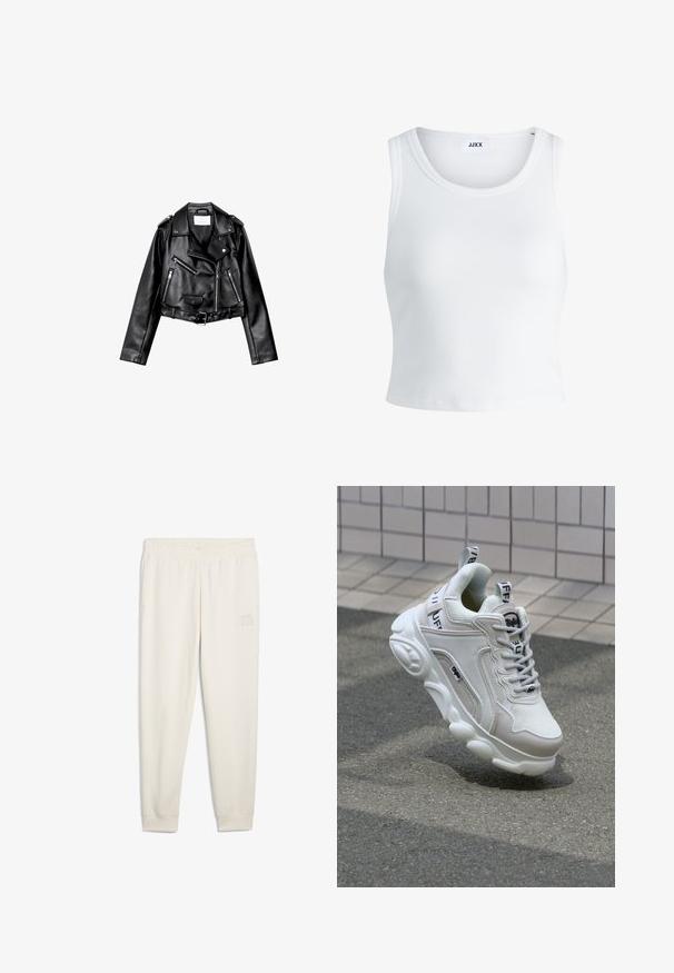 Zwarte cropped leren motorjack met asymmetrische rits aan de voorkant, drukkers en vier ritsen. Heeft een verstelbare riem op de taille.; Witte geribbelde tanktop met een ronde hals, zonder mouwen en een cropped lengte. Label draagt "JJXX." Gladde stoftextuur.; Crème-kleurige sweatpants gemaakt van zachte stof, met een elastische tailleband, zijzakken en een klein logo-patch op de linkerdij.; Witte sneaker van mesh en leer, met een ronde neus, dikke zool, opvallende veters en merklogo op de hak en tong.