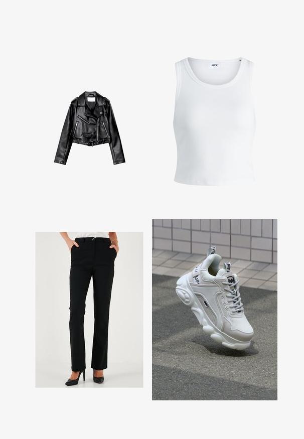 Zwarte cropped leren motorjack met asymmetrische rits aan de voorkant, drukkers en vier ritsen. Heeft een verstelbare riem op de taille.; Witte geribbelde tanktop met een ronde hals, zonder mouwen en een cropped lengte. Label draagt "JJXX." Gladde stoftextuur.; Zwarte op maat gemaakte broeken met een rechte pijp, voorzien van een knoopsluiting en zijzakken, gemaakt van een gladde stof.; Witte sneaker van mesh en leer, met een ronde neus, dikke zool, opvallende veters en merklogo op de hak en tong.