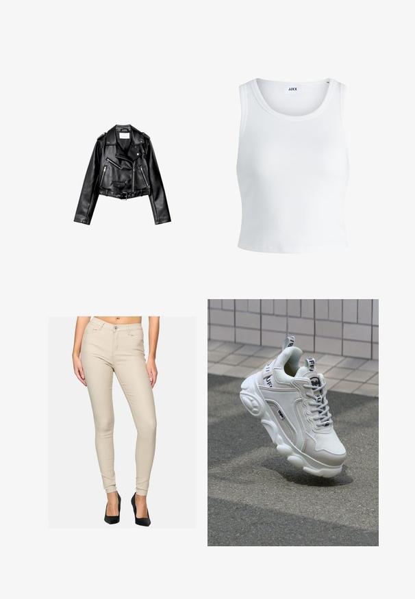 Czarna, krótka skórzana kurtka motocyklowa z asymetrycznym zamkiem błyskawicznym z przodu, zatrzaskami i czterema zamkami. Posiada regulowany pasek w talii.; Biały prążkowany top na ramiączkach z okrągłym dekoltem, bez rękawów i skróconej długości. Metka z napisem "JJXX." Gładka faktura materiału.; Beżowe wąskie jeansy o gładkiej fakturze, z pięcioma kieszeniami i zamek na guzik z przodu. Połączone z czarnymi szpilkami.; Białe trampki wykonane z siateczki i skóry, z zaokrąglonym noskiem, grubą podeszwą, wyraźnymi sznurowadłami oraz logotypem na pięcie i języku.