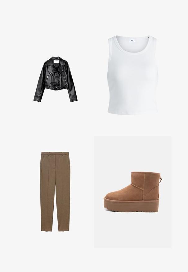 Czarna, krótka skórzana kurtka motocyklowa z asymetrycznym zamkiem błyskawicznym z przodu, zatrzaskami i czterema zamkami. Posiada regulowany pasek w talii.; Biały prążkowany top na ramiączkach z okrągłym dekoltem, bez rękawów i skróconej długości. Metka z napisem "JJXX." Gładka faktura materiału.; Brązowe spodni w kratę o dopasowanym kroju, z płaskim przodem, bocznymi kieszeniami i gładką teksturą. Klasyczny design, idealny do wszechstronnego stylizowania.; Beżowe zamszowe botki za kostkę z platformą, zaokrąglonym noskiem i akcentami w postaci przeszyć; posiadają pętelkę z tyłu dla ułatwienia zakładania.