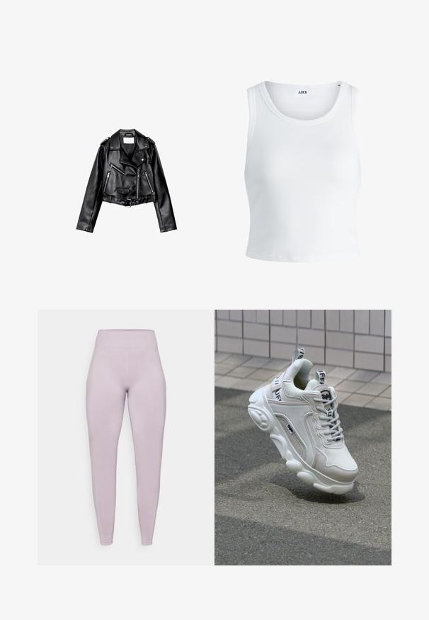 Črna usnjena motoristična jakna s krojem do pasu, z asimetričnim sprednjim zadrgo, sponkami in štirimi zadrgami. Ima nastavljiv pas na v pasu.; Bela rebrasta majica brez rokavov z okroglim izrezom in krajšo dolžino. Oznaka navaja "JJXX." Gladka tekstura tkanine.; Leggings v svetli lavandni barvi, narejene iz raztegljivega blaga. Imajo visok rebrast pas in gladko teksturo z diskretnimi diagonalnimi črtami na nogah.; Bela superga z mrežastim in usnjenim materialom, zaobljenim nosom, debelim podplatom, opaznimi vezalkami ter blagovno znamko na peti in jeziku.