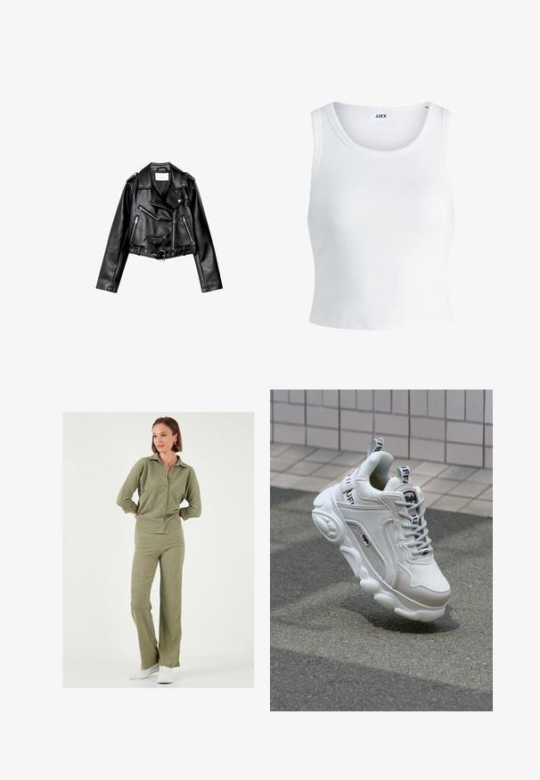 Črna usnjena motoristična jakna s krojem do pasu, z asimetričnim sprednjim zadrgo, sponkami in štirimi zadrgami. Ima nastavljiv pas na v pasu.; Bela rebrasta majica brez rokavov z okroglim izrezom in krajšo dolžino. Oznaka navaja "JJXX." Gladka tekstura tkanine.; Olivno zelena, teksturirana pletena dvodelna kombinacija, ki vključuje srajco s ovratnikom in gumbi ter ustrezne razširjene hlače, dopolnjena z belimi športnimi copati.; Bela superga z mrežastim in usnjenim materialom, zaobljenim nosom, debelim podplatom, opaznimi vezalkami ter blagovno znamko na peti in jeziku.