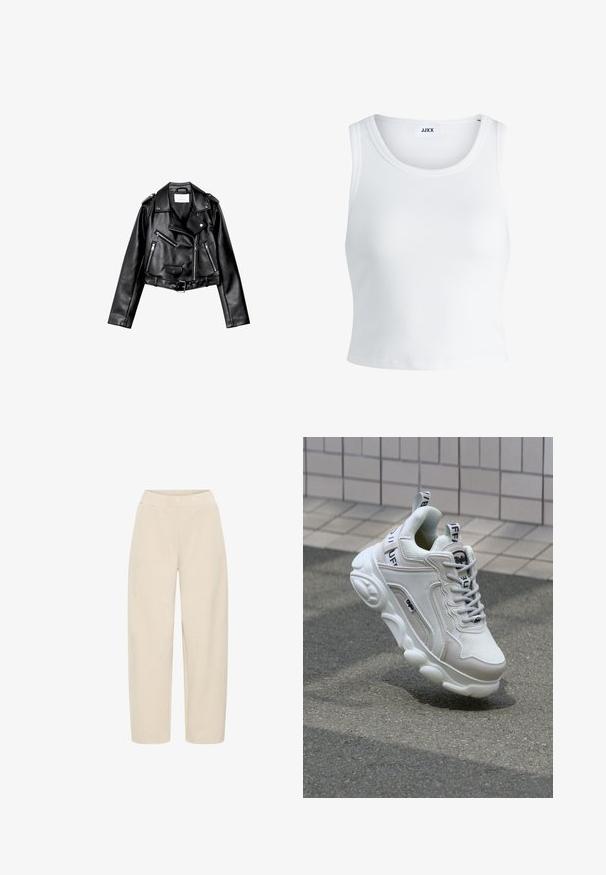 Črna usnjena motoristična jakna s krojem do pasu, z asimetričnim sprednjim zadrgo, sponkami in štirimi zadrgami. Ima nastavljiv pas na v pasu.; Bela rebrasta majica brez rokavov z okroglim izrezom in krajšo dolžino. Oznaka navaja "JJXX." Gladka tekstura tkanine.; Bež hlapčaste hlače z elastičnim pasom. Narejene iz mehke, teksturirane tkanine, ki ima gladko površino in brez dodatnih vzorcev.; Bela superga z mrežastim in usnjenim materialom, zaobljenim nosom, debelim podplatom, opaznimi vezalkami ter blagovno znamko na peti in jeziku.