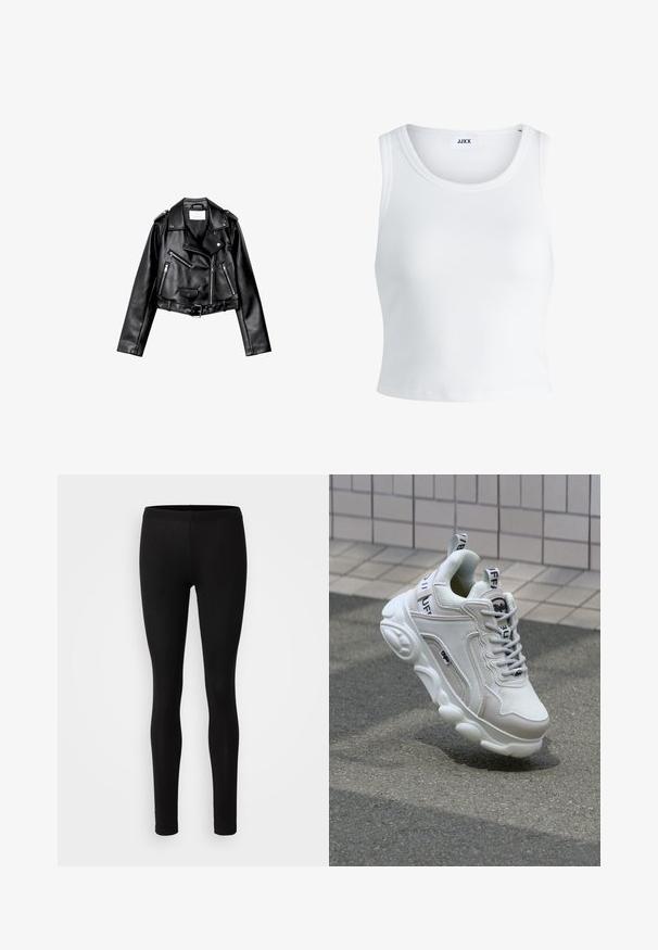 Czarna, krótka skórzana kurtka motocyklowa z asymetrycznym zamkiem błyskawicznym z przodu, zatrzaskami i czterema zamkami. Posiada regulowany pasek w talii.; Biały prążkowany top na ramiączkach z okrągłym dekoltem, bez rękawów i skróconej długości. Metka z napisem "JJXX." Gładka faktura materiału.; Czarne legginsy wykonane z miękkiego, elastycznego materiału. Mają dopasowany krój z elastycznym pasem i gładką, matową teksturą.; Białe trampki wykonane z siateczki i skóry, z zaokrąglonym noskiem, grubą podeszwą, wyraźnymi sznurowadłami oraz logotypem na pięcie i języku.