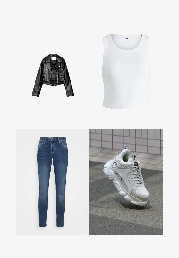 Čierna skrátená kožená motorkárska bunda s asymetrickým predným zipsom, cvokmi a štyrmi zipsami. Obsahuje nastaviteľný opasok v oblasti pásu.; Biely rebrovaný tielko s okrúhlym výstrihom, bez rukávov a krátkou dĺžkou. Štítok znie "JJXX." Hladká textúra látky.; Tmavomodré džínsy s priliehavým strihom, piatimi vreckami, svetlým vyblednutím na prednej strane a kovovými doplnkami na páse a vreckách.; Biele tenisky s materiálmi z textilu a kože, okrúhla špička, hrubá podrážka, výrazné šnúrky a značka na päte a jazyku.