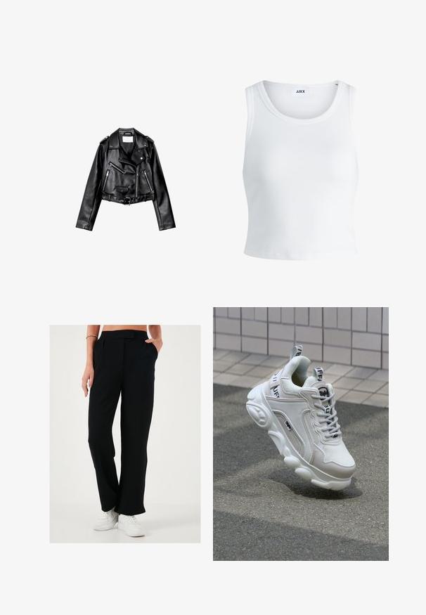 Zwarte cropped leren motorjack met asymmetrische rits aan de voorkant, drukkers en vier ritsen. Heeft een verstelbare riem op de taille.; Witte geribbelde tanktop met een ronde hals, zonder mouwen en een cropped lengte. Label draagt "JJXX." Gladde stoftextuur.; Zwarte, wijde pantalons met een gladde textuur, geplooide voorkant en zijzakken. Draagt het met witte sneakers voor contrast.; Witte sneaker van mesh en leer, met een ronde neus, dikke zool, opvallende veters en merklogo op de hak en tong.