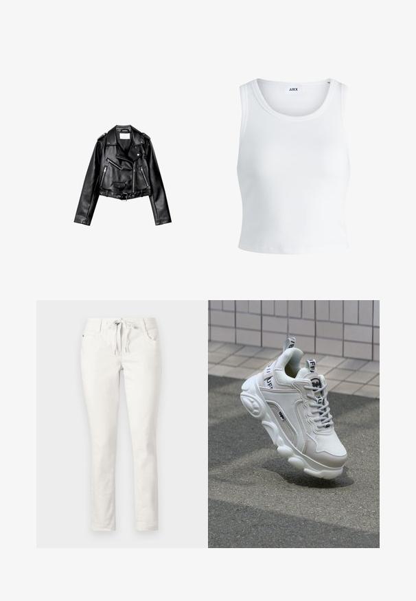 Črna usnjena motoristična jakna s krojem do pasu, z asimetričnim sprednjim zadrgo, sponkami in štirimi zadrgami. Ima nastavljiv pas na v pasu.; Bela rebrasta majica brez rokavov z okroglim izrezom in krajšo dolžino. Oznaka navaja "JJXX." Gladka tekstura tkanine.; Bela, slim-fit hlače z zaščito na pasu, sprednjimi žepi in gladko teksturo. Primerne za prosti čas ali sproščena okolja.; Bela superga z mrežastim in usnjenim materialom, zaobljenim nosom, debelim podplatom, opaznimi vezalkami ter blagovno znamko na peti in jeziku.