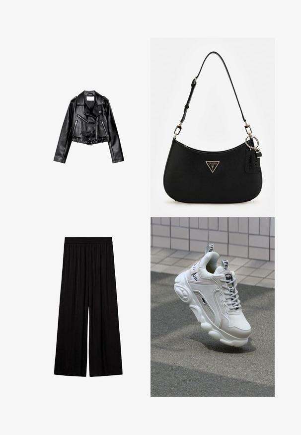 Crna skratena kožna moto jakna s asimetričnim prednjim zatvaračem, s gumbima na dugmad i četiri patentna zatvarača. Sadrži podesivi pojas u struku.; Bijela rebrasta majica bez rukava s okruglim izrezom i skraćenom dužinom. Na etiketi piše "JJXX." Glatka tekstura tkanine.; Mango Hlače - black; Bijela tenisica od mrežastog i kožnog materijala, zaobljenog vrha, debele đonove, istaknutih vezica te s brendingom na peti i jeziku.; Crna sintetika torba za rame s zakrivljenim oblikom, teksturiranim završetkom, zlatnim trokutastim logotipom i odvojivim hardverskim naglascima.