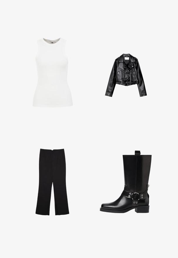 Černá zkrácená kožená motorkářská bunda s asymetrickým předním zipem, patentkami a čtyřmi zipy. Obsahuje nastavitelné pásmo v pase.; WE Fashion SINGLET - Top - white; Černé kalhoty s rovným střihem, s předními kapsami a bočními rozparky na lemu. Vyrobené z jemné, hladké tkaniny. Vhodné na různé příležitosti.; Černá kožená vysoká bunda s špičatou špičkou, stříbrnými sponami a robustní podešví. Obsahuje poutko pro snadné obutí.