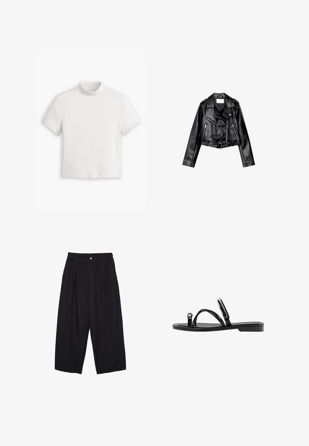 Czarna, krótka skórzana kurtka motocyklowa z asymetrycznym zamkiem błyskawicznym z przodu, zatrzaskami i czterema zamkami. Posiada regulowany pasek w talii.; Biała koszulka z krótkim rękawem i wysokim dekoltem, wykonana z miękkiej, gładkiej tkaniny bawełnianej. Posiada prosty, czysty design oraz prosty dół.; Czarne spodnie culotte z poliestru z elastycznym pasem, dwoma fałdami z przodu i luźnym krojem. Brak widocznych wzorów lub elementów metalowych.; Czarne płaskie sandały o błyszczącym wykończeniu, z trzema cienkimi paskami i okrąłym detalem metalowym na palcach. Smukły design z minimalnym obcasem.