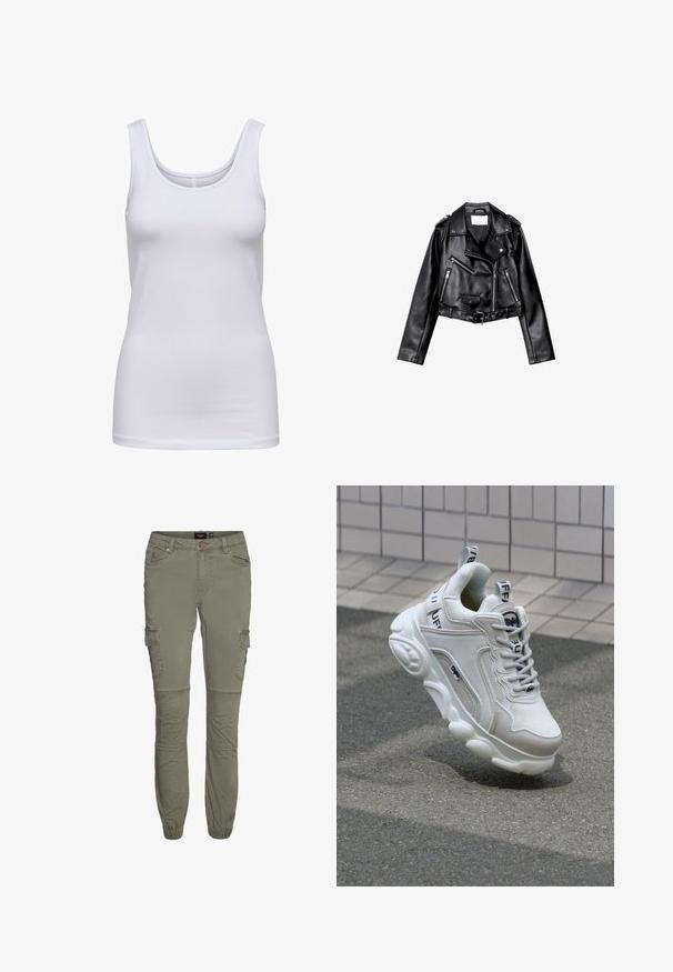Czarna, krótka skórzana kurtka motocyklowa z asymetrycznym zamkiem błyskawicznym z przodu, zatrzaskami i czterema zamkami. Posiada regulowany pasek w talii.; Biały top bez rękawów, wykonany z miękkiego materiału, charakteryzujący się okrągłym dekoltem, dopasowanym krojem oraz brakiem widocznych wzorów czy akcentów.; Olive zielone spodnie cargo z wytrzymałej bawełny o tapered mankietach, z wieloma kieszeniami i plisami na kolanach dla większej swobody ruchów.; Białe trampki wykonane z siateczki i skóry, z zaokrąglonym noskiem, grubą podeszwą, wyraźnymi sznurowadłami oraz logotypem na pięcie i języku.