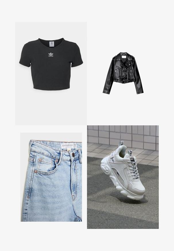 Černá zkrácená kožená motorkářská bunda s asymetrickým předním zipem, patentkami a čtyřmi zipy. Obsahuje nastavitelné pásmo v pase.; Černé zkrácené tričko vyrobené z bavlny, s kulatým výstřihem a krátkými rukávy. Uprostřed je bílé vyšívané logo Adidas.; Světle modré džíny z denimu s vysokým pasem, pěti kapsami, hardwarem v měděném tónu a jemným vyblednutím, s etiketou na pásku.; Bílé tenisky vyrobené z textilního a koženého materiálu, s kulatou špičkou, silnou podrážkou, výraznými šňůrkami a logem na patě a jazyku.