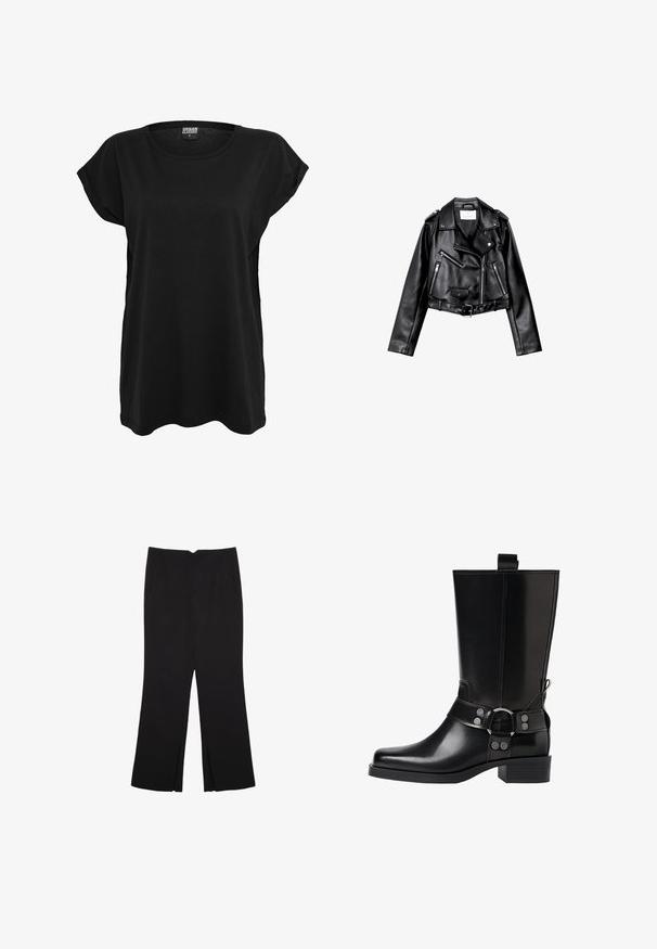 Sort cropped læderbikerjakke med asymmetrisk frontlynlås, trykknapper og fire lynlåse. Har et justerbart bælte i taljen.; Sort bomulds t-shirt med korte ærmer, rund halsudskæring og en afslappet pasform. Har en label på kraven. Glat tekstur og simpelt design.; Sorte bukser med lige pasform, der har frontlommer og slidser i kanten. Lavet af blødt, glat stof. Velegnet til forskellige anledninger.; Sort læderknæhøj støvle med spids tå, sølv spænde detaljer og en robust hæl. Har en trækflap for nem påtagning.