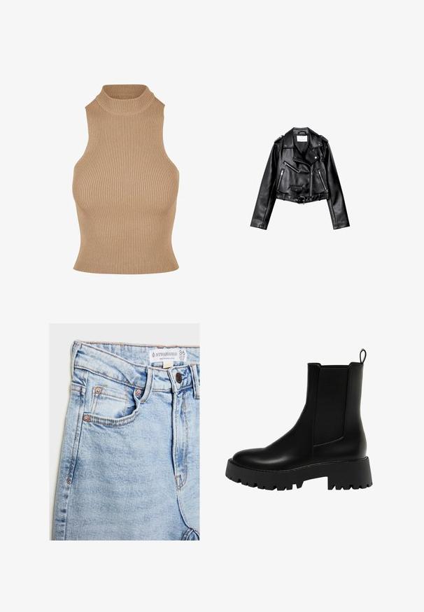 Svart kort läder motorcykeljacka med asymmetrisk frontdragkedja, tryckknappar och fyra dragkedjor. Har ett justerbart bälte i midjan.; Ribbade stickade ärmlös topp i beige, med en hög mock neck och kroppsnära design som betonar texturen och den slanka silhuetten.; Ljusblå denimjeans med hög midja, fem fickor, kopparfärgad hårdvara och subtila blekningar, med en etikett i midjan.; Svart läderankelstövlett med en texturerad sidopanel, rund tå och kraftig plattformssula med ett zigzag-mönster.