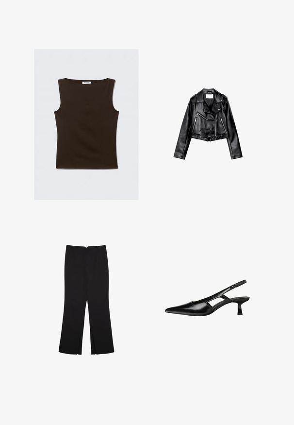 Černá zkrácená kožená motorkářská bunda s asymetrickým předním zipem, patentkami a čtyřmi zipy. Obsahuje nastavitelné pásmo v pase.; Hnědý bezrukávový top vyrobený z elastického materiálu. Má kulatý výstřih a udržovaný střih s čistými okraji. Na štítku je napsáno "WEEKDAY."; Černé kalhoty s rovným střihem, s předními kapsami a bočními rozparky na lemu. Vyrobené z jemné, hladké tkaniny. Vhodné na různé příležitosti.; Černé lakované lodičky na podpatku se špičatou špičkou, výřezovým designem na boku a malým čtvercovým podpatkem. Hladká textura s minimálními akcenty.