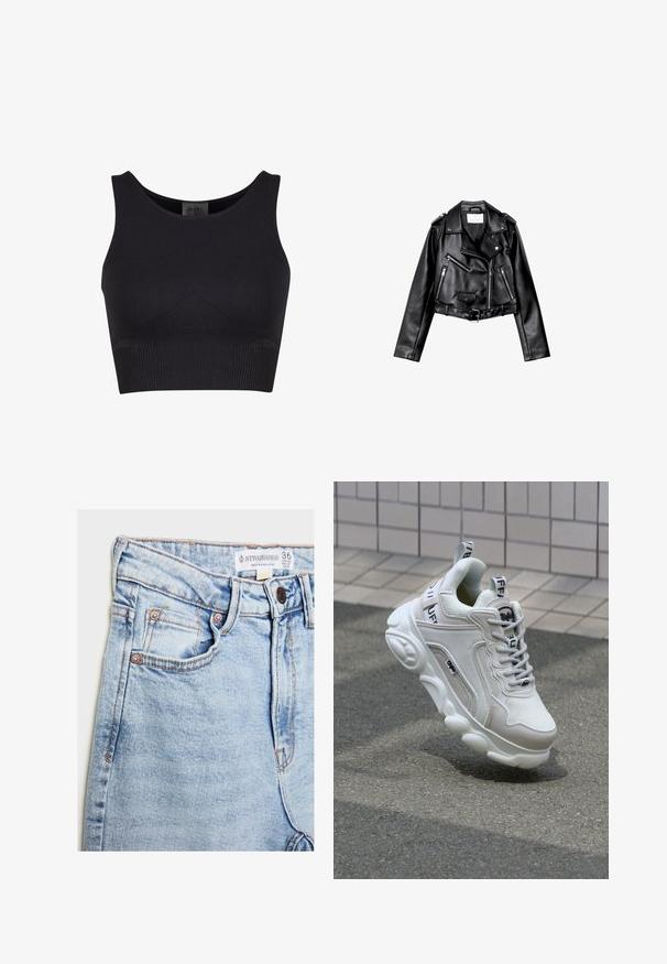 Sort cropped læderbikerjakke med asymmetrisk frontlynlås, trykknapper og fire lynlåse. Har et justerbart bælte i taljen.; Sort ribbet crop top med rund halsudskæring og brede skulderstropper. Har et tætsiddende design og sømløse kanter for komfort.; Lyseblå denimjeans med høj talje, fem lommer, hardware i kobberfarve og subtil falming, med et mærke ved taljeopdækningen.; Hvide sneakers med mesh- og lædermaterialer, rund tå, tyk sål, fremtrædende snørebånd og branding på hælen og tungen.