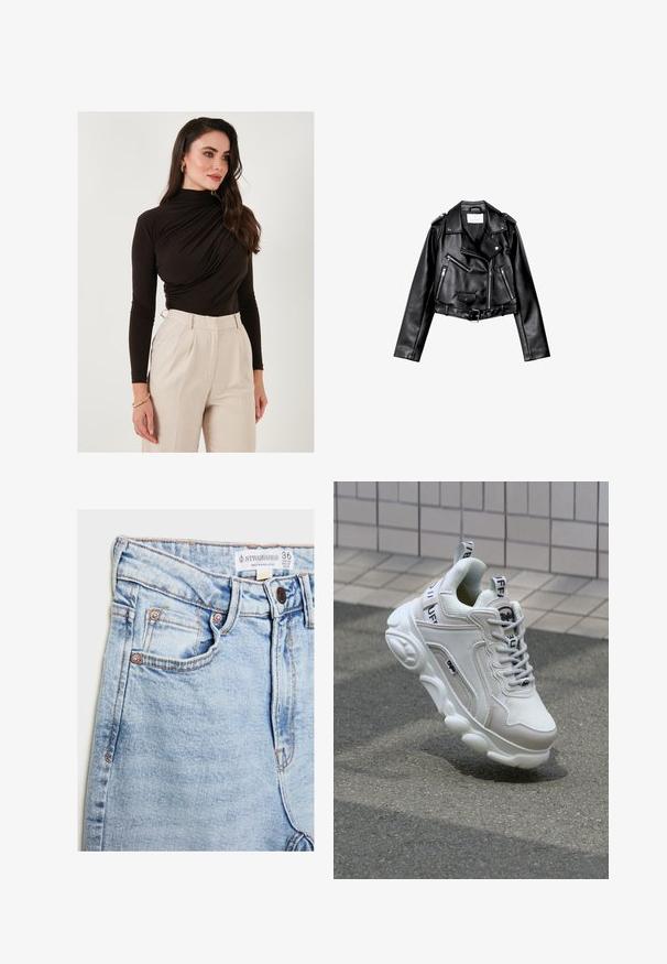 Schwarze, kurze Leder-Bikerjacke mit asymmetrischem Frontreißverschluss, Druckknöpfen und vier Reißverschlüssen. Mit einem verstellbaren Gürtel in der Taille.; LELA SLIM FIT - Langarmshirt - brown; Helle blaue Jeans mit hoher Taille, fünf Taschen, Hardware in Kupferoptik und dezentem Ausbleichen, mit einem Etikett am Bund.; Weißer Sneaker aus Mesh- und Ledermaterialien, mit rundem Zehenbereich, dicker Sohle, auffälligen Schnürsenkeln sowie Branding an der Ferse und der Zunge.