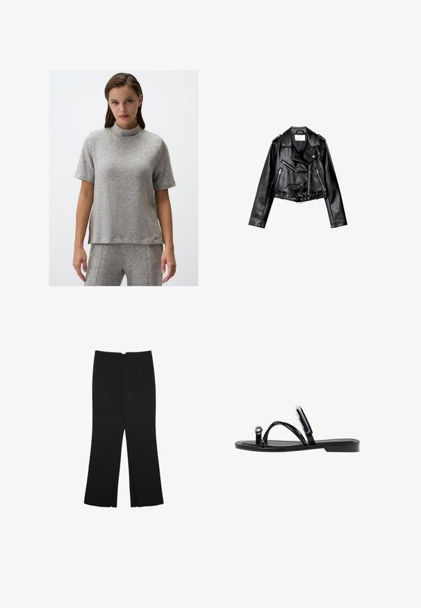Czarna, krótka skórzana kurtka motocyklowa z asymetrycznym zamkiem błyskawicznym z przodu, zatrzaskami i czterema zamkami. Posiada regulowany pasek w talii.; Szara, krótko rękawowa bluzka wykonana z fakturowanej tkaniny, z wysokim dekoltem; ma luźny fason oraz subtelne rozcięcia po bokach u dołu.; Czarne spodnie o prostym kroju, z przednimi kieszeniami i bocznymi rozcięciami na dole. Wykonane z miękkiego, gładkiego materiału. Odpowiednie na różne okazje.; Czarne płaskie sandały o błyszczącym wykończeniu, z trzema cienkimi paskami i okrąłym detalem metalowym na palcach. Smukły design z minimalnym obcasem.