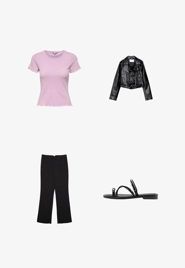 Czarna, krótka skórzana kurtka motocyklowa z asymetrycznym zamkiem błyskawicznym z przodu, zatrzaskami i czterema zamkami. Posiada regulowany pasek w talii.; Jasnoróżowa, dziergana bluzka z krótkim rękawem o dopasowanym kroju, z prążkowaną fakturą i falbaniastym dołem. Subtelne wzory wzbogacają projekt.; Czarne spodnie o prostym kroju, z przednimi kieszeniami i bocznymi rozcięciami na dole. Wykonane z miękkiego, gładkiego materiału. Odpowiednie na różne okazje.; Czarne płaskie sandały o błyszczącym wykończeniu, z trzema cienkimi paskami i okrąłym detalem metalowym na palcach. Smukły design z minimalnym obcasem.