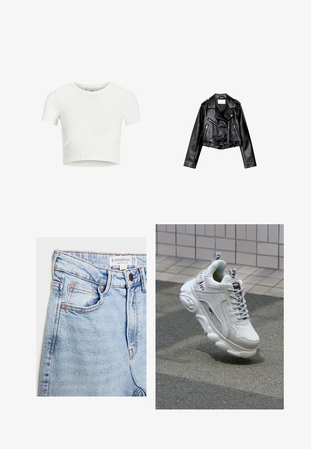 Čierna skrátená kožená motorkárska bunda s asymetrickým predným zipsom, cvokmi a štyrmi zipsami. Obsahuje nastaviteľný opasok v oblasti pásu.; Biela, strihaná tričko s krátkym rukávom vyrobené z rebrovaného materiálu. Má okrúhly výstrih a krátke rukávy. Hladká textura s priliehavým strihom.; Svetlomodré denimové nohavice s vysokým pásom, piatimi vreckami, hardware v medených odtieňoch a jemným vyblednutím, s etiketou na páske.; Biele tenisky s materiálmi z textilu a kože, okrúhla špička, hrubá podrážka, výrazné šnúrky a značka na päte a jazyku.