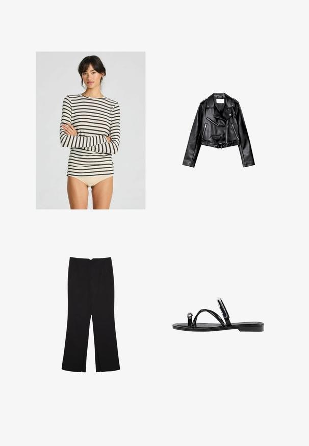 Černá zkrácená kožená motorkářská bunda s asymetrickým předním zipem, patentkami a čtyřmi zipy. Obsahuje nastavitelné pásmo v pase.; Dlouhý rukáv pruhované tričko s krémovými a tmavě hnědými pruhy, měkká tkanina, kulatý výstřih a přiléhavý střih.; Černé kalhoty s rovným střihem, s předními kapsami a bočními rozparky na lemu. Vyrobené z jemné, hladké tkaniny. Vhodné na různé příležitosti.; Černé ploché sandály s lesklým povrchem, třemi tenkými popruhy a kulatým kovovým detailem na špičce. Elegantní design s minimálním podpatkem.