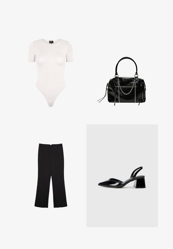 Giacca da moto nera in pelle cropped con zip frontale asimmetrica, bottoni a pressione e quattro zip. Presenta una cintura regolabile in vita.; Body bianco a maniche corte realizzato in tessuto liscio ed elastico. Presenta un collo rotondo e una scollatura a perizoma. Minimalista e aderente.; Pantaloni neri a gamba dritta, con tasche frontali e spacchi laterali all'orlo. Realizzati in tessuto morbido e liscio. Adatti a diverse occasioni.; Décolleté in vernice nera con punta affusolata e tacco in geometria cubica. Presentano un design elegante e minimalista, con una texture liscia.; Bershka WITH CHAIN - Borsa a mano - black