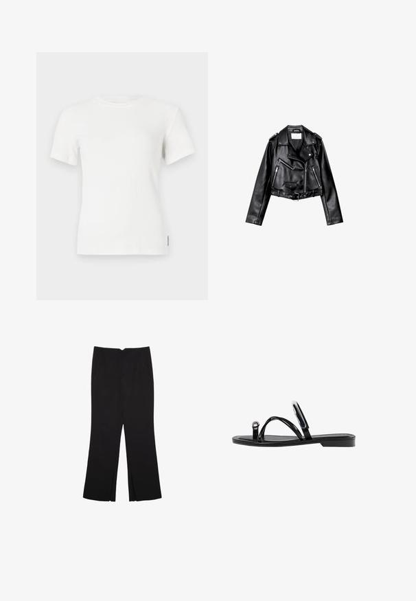 Čierna skrátená kožená motorkárska bunda s asymetrickým predným zipsom, cvokmi a štyrmi zipsami. Obsahuje nastaviteľný opasok v oblasti pásu.; Biele rebrované tričko s krátkym rukávom a okrúhlym výstrihom. Mäkká textúra, priliehavý strih a minimálne švy.; Čierne nohavice so strihom rovného strihu, s prednými vreckami a bočnými rozparkami na leme. Vyrobené z mäkkej, hladkej tkaniny. Vhodné na rôzne príležitosti.; Čierne ploché sandále s lesklým povrchom, tromi tenkými popruhmi a okrúhlou kovovou ozdobou na prste. Elegantný dizajn s minimálnym podpätkom.