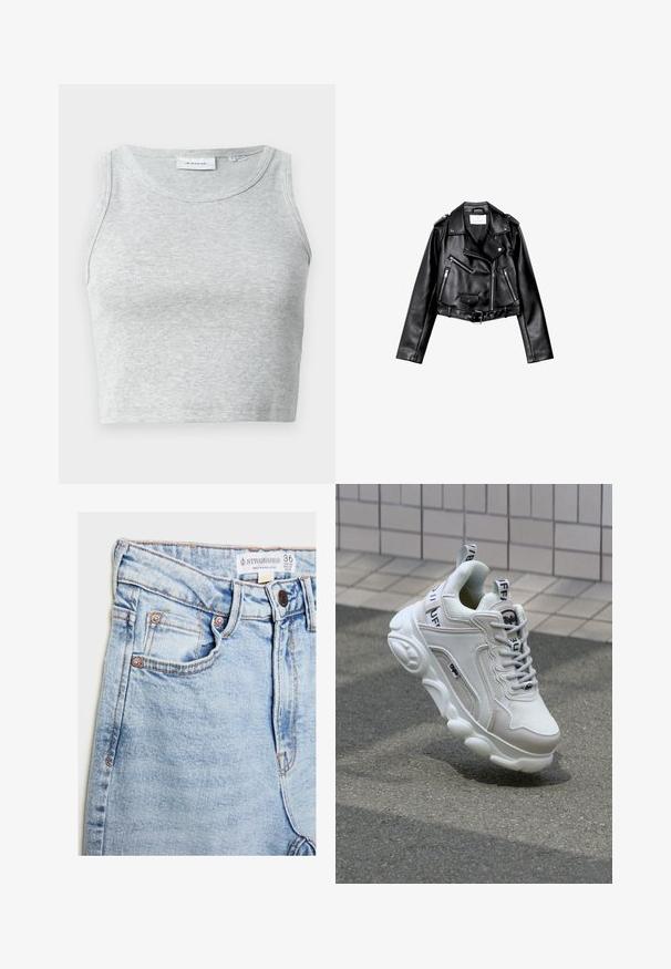 Černá zkrácená kožená motorkářská bunda s asymetrickým předním zipem, patentkami a čtyřmi zipy. Obsahuje nastavitelné pásmo v pase.; Šedý žebrovaný tílko s kulatým výstřihem a bez rukávů. Měkká textura a přiléhavý střih, vhodné pro každodenní nošení nebo jako vrstvení.; Světle modré džíny z denimu s vysokým pasem, pěti kapsami, hardwarem v měděném tónu a jemným vyblednutím, s etiketou na pásku.; Bílé tenisky vyrobené z textilního a koženého materiálu, s kulatou špičkou, silnou podrážkou, výraznými šňůrkami a logem na patě a jazyku.