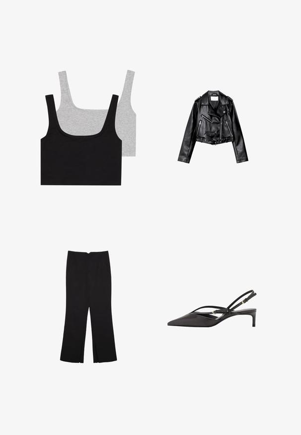 Sort cropped læderbikerjakke med asymmetrisk frontlynlås, trykknapper og fire lynlåse. Har et justerbart bælte i taljen.; To bomuldsblandede tanktoppe: en sort og en grå, begge med ribbet tekstur og brede stropper, med en rund halsudskæring og en behagelig pasform.; Sorte bukser med lige pasform, der har frontlommer og slidser i kanten. Lavet af blødt, glat stof. Velegnet til forskellige anledninger.; Sort læder slingback pumpe med spids tå, slanke ankelremme og lav stilettohæl. Glat tekstur med minimalistisk design.