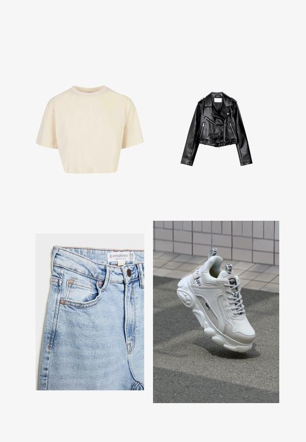 Crna skratena kožna moto jakna s asimetričnim prednjim zatvaračem, s gumbima na dugmad i četiri patentna zatvarača. Sadrži podesivi pojas u struku.; Skraćena majica napravljena od mekog materijala, s kratkim rukavima, okruglim izrezom i svijetlosmeškastom bojom s glatkom teksturom.; Svijetloplave traperice s visokim strukom, pet džepova, hardverom u nijansi bakra i suptilnim izbljeđivanjem, s etiketom na pojasu.; Bijela tenisica od mrežastog i kožnog materijala, zaobljenog vrha, debele đonove, istaknutih vezica te s brendingom na peti i jeziku.