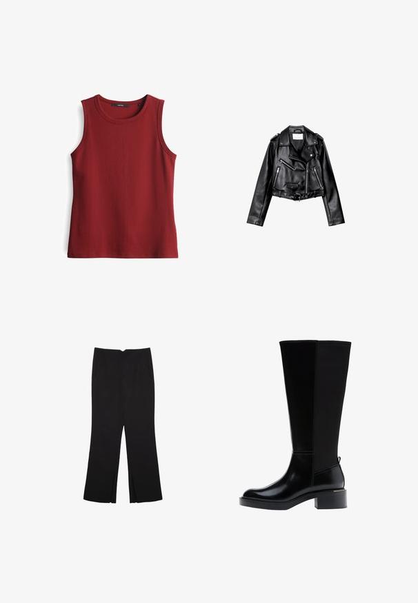 Schwarze, kurze Leder-Bikerjacke mit asymmetrischem Frontreißverschluss, Druckknöpfen und vier Reißverschlüssen. Mit einem verstellbaren Gürtel in der Taille.; Ärmelloses rotes, geripptes Tanktop mit rundem Ausschnitt, aus strukturiertem Stoff gefertigt, ohne sichtbare Beschläge oder Verzierungen.; Schwarze Hose mit geradem Schnitt, ausgestattet mit Fronttaschen und Seitenschlitzen am Saum. Hergestellt aus weichem, glattem Stoff. Geeignet für verschiedene Anlässe.; Schwarzer kniehoher Stiefel aus glattem Leder, mit markanten Nähten, klobigem Absatz und einer strukturierten Rückseite für zusätzlichen Akzent.