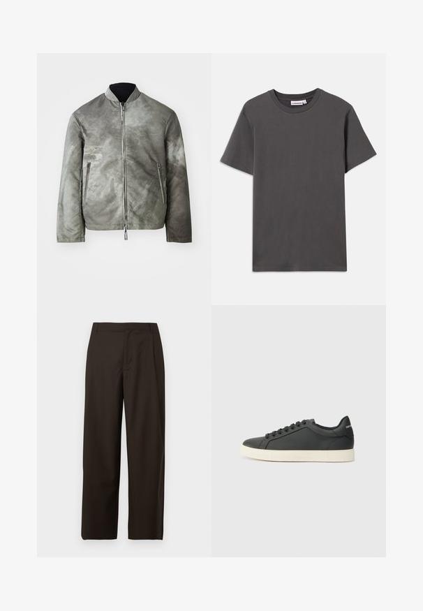 Hallhallane jope mattpinnaga, millel on seisva kraega, lukuga ühendamine ja kaks külgtaskut. Kangas on tekstuurne, kergelt mustriline pinnaga.; Tumehall kortse käistega T-särk ümmarguse kaelusega, millel on krae sisemuses väike valge brändilogo, valgel taustal.; Pruunid laiade säärtega püksid, mis on valmistatud siledast kangast, millel on tasane eesmine osa, ilma nähtavate taskute või kaunistusteta.; Mustmustest musta poolprofiiliga, ümmargune varvas ja paeltega sulgemine; omab tekstureeritud kummist tallat ja logo detaili kontsa peal.