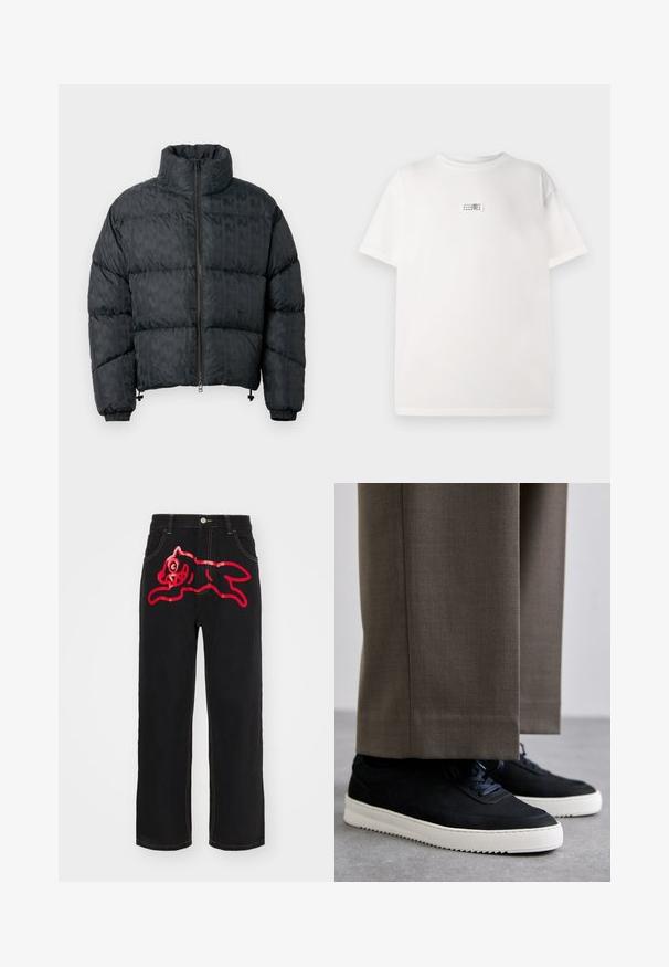 Mustmust mustruud, millel on tikitud disain, kõrge krae, esine zipper ja elastsed mansetid. Sujuv tekstuur koos peene mustriga.; Valge puuvillane T-särk, millel on keskel väike trükitud silt. Lühikesed varrukad ja lõdva istuvusega, sujuva tekstuuriga.; Musthave mustad denim teksad, millel on suur punane graafika hüppavast kassist tagataskul, kontrastsete kollaste õmblustega õmblustes.; Mustad suleed sneakers valge kummist tallaga, ümarate varvaste ja paeltega, kantud hallide ülikonna pükste kõrval.