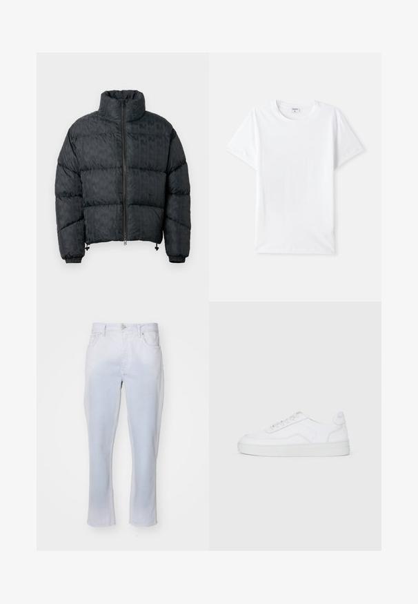 Black puffer jacket featuring quilted design, high collar, front zipper, and elastic cuffs. Smooth texture with a subtle pattern.; White cotton t-shirt, crew neckline, short sleeves, smooth texture, no patterns or accents, simple design, standard fit.; Light wash denim jeans featuring a straight leg cut, button and zipper front closure, and two side pockets with a soft texture.; White low-top sneaker with lace-up front, smooth upper, and rubber sole on plain light background.