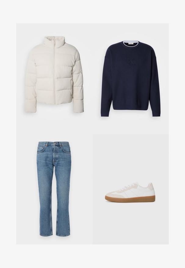 Kremfarget dunjakke med høy krage, horisontalt stikkmønster, glidelås foran og litt korte ermer. Vannavvisende materiale.; Mørkeblå strikkegenser med rund hals, ribbet krage og subtilt brodert "ck"-logo på forsiden. Lange ermer, løs passform.; Lys blå denimjeans med rette ben, fem-lomme-design og kontraststing. Stoffer har en myk tekstur og lett falming.; Hvit og beige sneaker med semsket skinn og lær-elementer. Har gummisåle, snøring og minimalistiske side-striper.