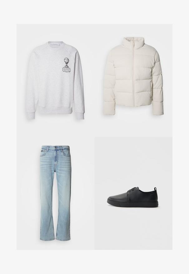 Krämfärgad pufferjacka med hög krage, horisontellt sömmönster, dragkedja fram och något avkortade ärmar. Vattentåligt material.; Les Deux TOURNAMENT - Sweatshirt - grey; Ljusblå denimjeans med rak ben, som har fem fickor, knäppning och subtil blekning på tyget.; Svart lädersneaker med en slät yta, rund tå, tonad sömnad, snörning framtill och en platt gummisula. Ögla vid hälen.