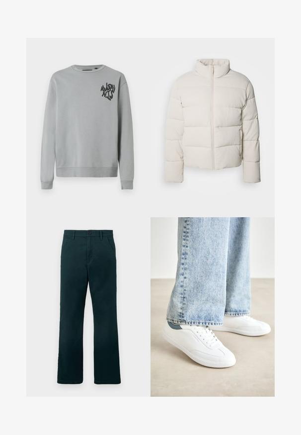 Kremkrāsas pūkains mētelis ar augstu apkakli, horizontālu šuvju rakstu, priekšējo rāvējslēdzēju un nedaudz saīsinātām piedurknēm. Ūdensizturīgs materiāls.; Gaiši pelēks sporta krekls, kas izgatavots no mīkstas auduma, ar apaļu kakla izgriezumu un garām piedurknēm. Melnā grafiskā teksta uzraksts kreisajā krūtīs.; Tumši zaļi taisni bikses ar jostu cilpiņām, sānu kabatām un pogu aizdari uz vienkārša balta fona.; Baltas kedas ar gludu materiālu, auklām, teksturētu gumijas zoli un tirkīza akcentu uz papēža, apvienoti ar gaiši ziliem džinsiem.