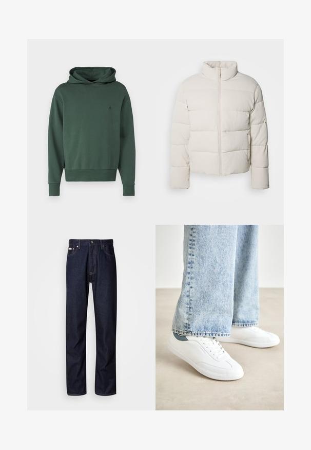 Cream-colored puffer jacket with a high collar, horizontal stitch pattern, front zipper, and slightly cropped sleeves. Water-resistant material.; Green hoodie made of soft fabric, featuring a front pocket, ribbed cuffs, and small logo on the chest. Smooth texture and relaxed fit.; Dark blue denim jeans with a straight-leg design, featuring a button fly, five pockets, and contrasting stitching details.; White sneakers with smooth material, lace-up design, textured rubber sole, and a teal accent at the heel, paired with light blue jeans.