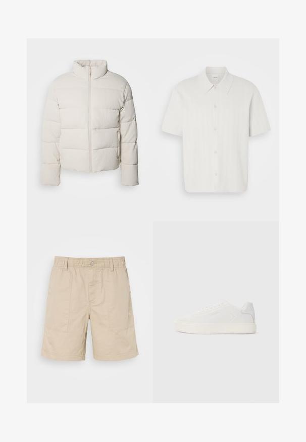 Cream-colored puffer jacket with a high collar, horizontal stitch pattern, front zipper, and slightly cropped sleeves. Water-resistant material.; Short-sleeve shirt in white fabric with a ribbed texture, featuring a classic collar and button front closure.; Beige cotton shorts with elastic waist, front button, and two side pockets. Features subtle stitching and a small logo on the side.; White sneaker with smooth synthetic upper, round toe, and flat white sole. Features tonal stitching and minimal branding on the side.