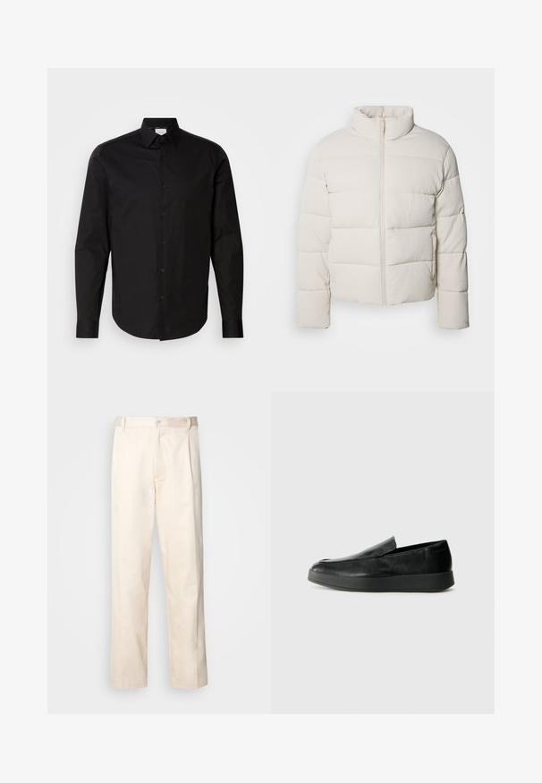 Pufasta jakna kremne barve z visokim ovratnikom, vodoravnim šivom, sprednjim zadrgo in nekoliko skrajnimi rokavi. Vodoodporen material.; Črna dolgoročena srajca z gumbi, izdelana iz gladkega bombažnega blaga. Ima klasičen ovratnik, sprednje gumbe in ukrivljen rob.; Bež cottone hlače s ravnim krojem, ki imajo gumbasto zapiranje in nabore spredaj za dodatne detajle.; Calvin Klein HYBRID CUP - Čevlji brez vezalk - triple black