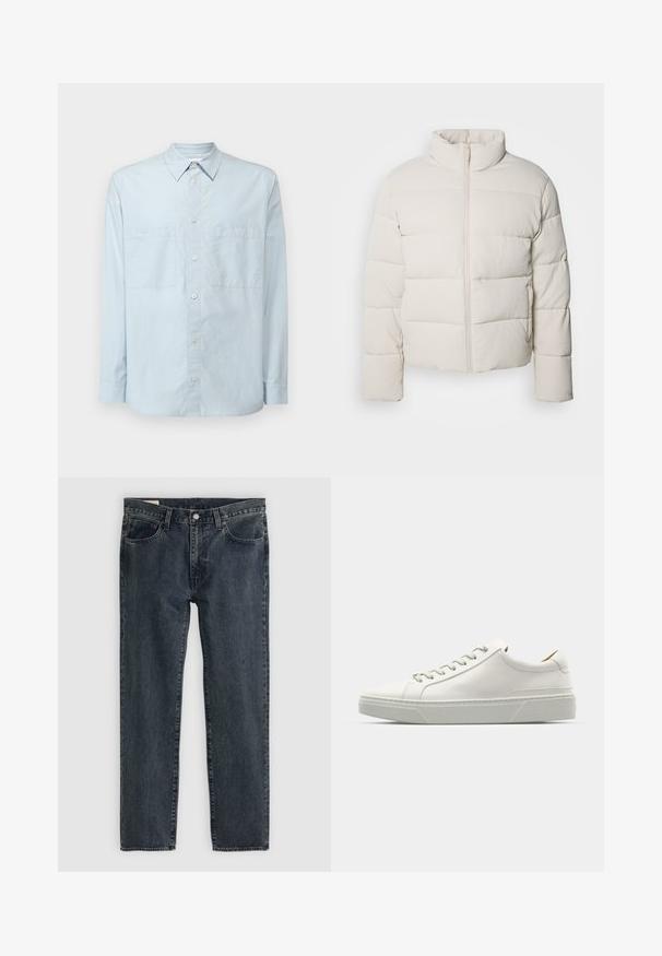 Kremfarget dunjakke med høy krage, horisontalt stikkmønster, glidelås foran og litt korte ermer. Vannavvisende materiale.; Lyseblå knapp-up skjorte laget av bomull, med klassisk krage, lange ermer, to brystlommer og en noe avslappet passform.; Hvit bomull t-skjorte med avslappet passform, med en liten svart grafisk logo på venstre brystområde. Korte ermer, rund hals.; Mørkeblå denimjeans med rett ben-design, fem lommer og knappestang. Tøyet viser en subtil falming og tekstur.; Hvit lær sneakers med rund tå, minimalistisk design, grå snøring og teksturert grå gummisåle. Subtile sømdetaljer synlige.
