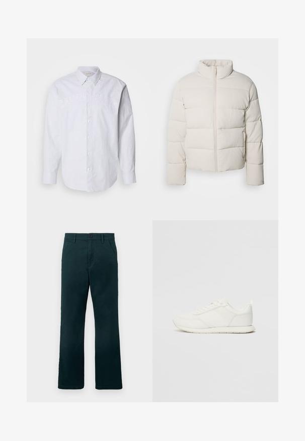 Casaco puffer creme com gola alta, padrão de costura horizontal, fecho à frente e mangas ligeiramente encurtadas. Material resistente à água.; Camisa de manga longa branca feita de linho com riscas azuis verticais, apresentando uma frente abotoada e o logótipo em relevo "CALVIN KLEIN" no peito.; Calças retas de cor verde-escuro com passantes para cinto, bolsos laterais e fecho de botão sobre um fundo branco liso.; Sapatilha branca com parte superior em malha e sintético, bico arredondado, atacadores planos e uma faixa lateral texturizada. Sola em borracha com uma alça na parte de trás.