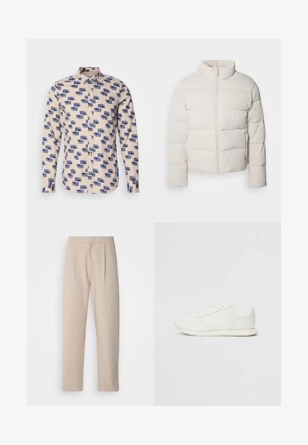 Jakna s punjenjem u boji kreme s visokim okovratnikom, horizontalnim šavovima, prednjim patentnim zatvaračem i blago skraćenim rukavima. Vodootporan materijal.; Košulja dugih rukava s dugmićima u svjetlosmeđi boji s plavim geometrijskim uzorkom. Izrađena od lagane tkanine, s ovratnikom i regularnim krojem.; Bežene, plisirane hlače od mekog materijala. Imaju elastičnu pojasnicu, ravne nogavice i glatku teksturu. Bez džepova ili akcenta.; Bijela tenisica s gornjim dijelom od mrežice i sintetičkog materijala, okrugli vrh, ravne vezice i teksturirani bočni trak. Gumeni potplat s petnim trakicom.