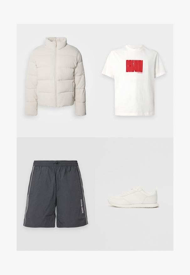 Jachetă puf cu culoare crem, cu guler înalt, model de cusături orizontale, fermoar frontal și mâneci ușor scurte. Material rezistent la apă.; Tricou alb din bumbac cu un imprimeu roșu mare al textului "CALVIN KLEIN" pe față, cu guler rotund și mâneci scurte.; Pantaloni scurți gri, ușori, cu un talie elastică și șnur. Prezintă dungi albe pe laterale și un detaliu cu logo pe piciorul stâng.; Tenis alb cu un superior din plasă și material sintetic, vârf rotund, șireturi plate și o dungi texturată pe lateral. Talpă din cauciuc cu un tab la spate.